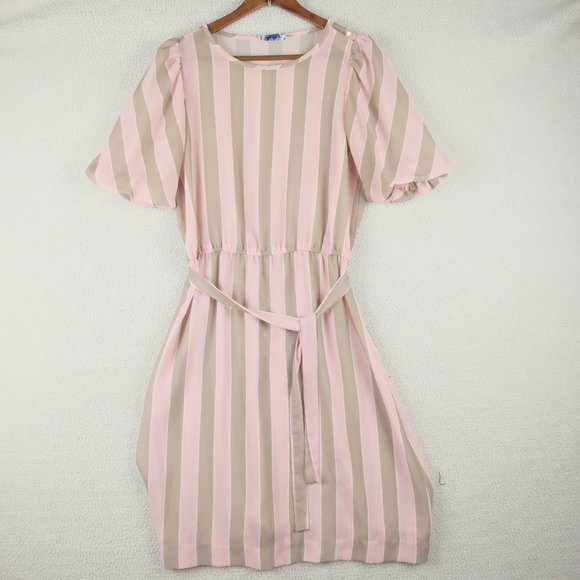 Vintage Dresses & Skirts - Vintage Summer Dress Womens Large Pink Beige Striped Sheer Midi Belted 70s